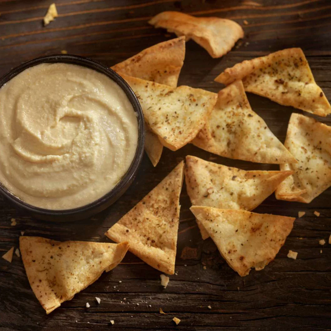 Creamy lentil hummus with crisp pita-style pieces